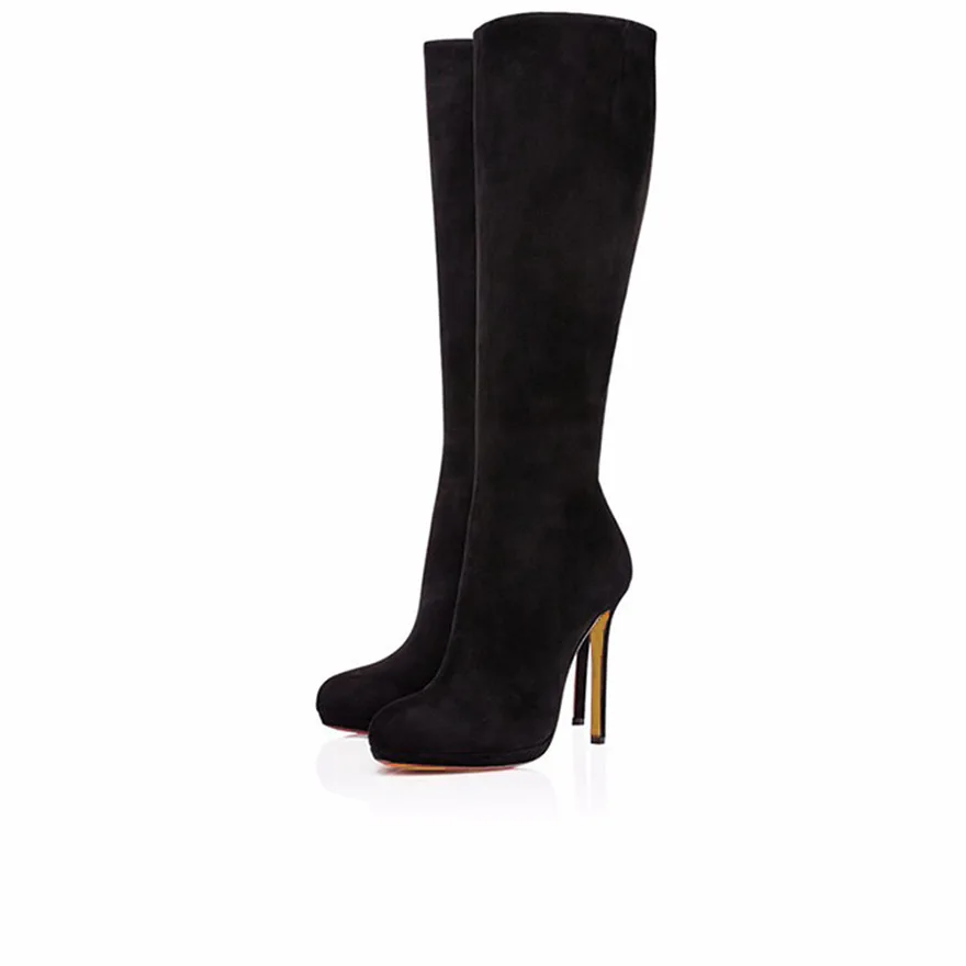 Black High Heels, Knee-High Boots, Women's Winter Velvet Boots, Round Toe, Thin Heels, Platform Boots