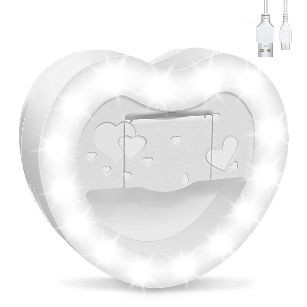 heart shaped led selfie ring lamp with mini makeup mirror dimmable usb rechargeable portable mobile phone holder clip lens light free global shipping