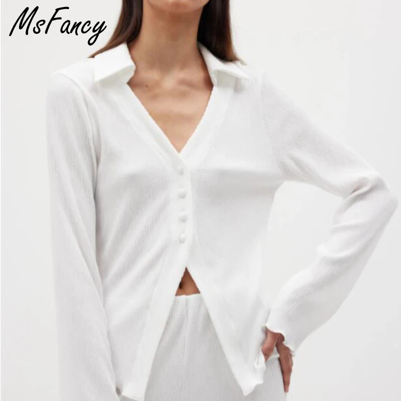 

Msfancy Pant Suits Women 2021 White Long Sleeve Slim Shirt Elastic Waist Wide Leg Pants Split Mujer 2 Piece Set Casual Outfit