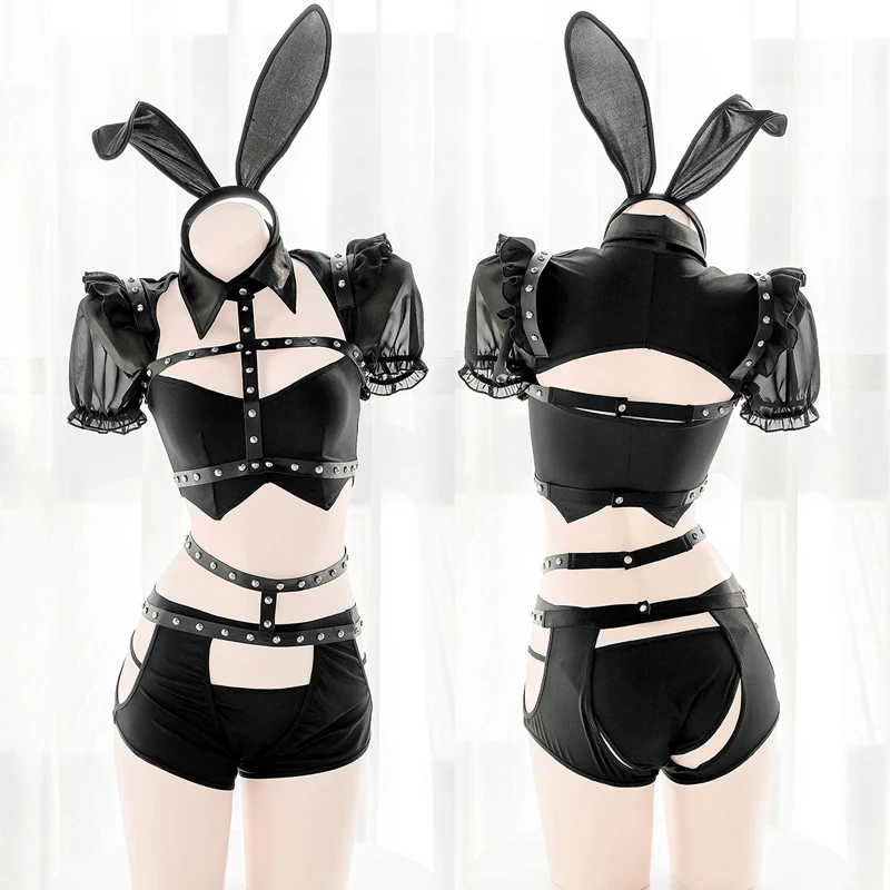 

Punk Bunny Girl Role Play Costume Rivet Bondage Sexy Hollow Open Crotch Free Strap Underwear Set Erotic Costumes for Women
