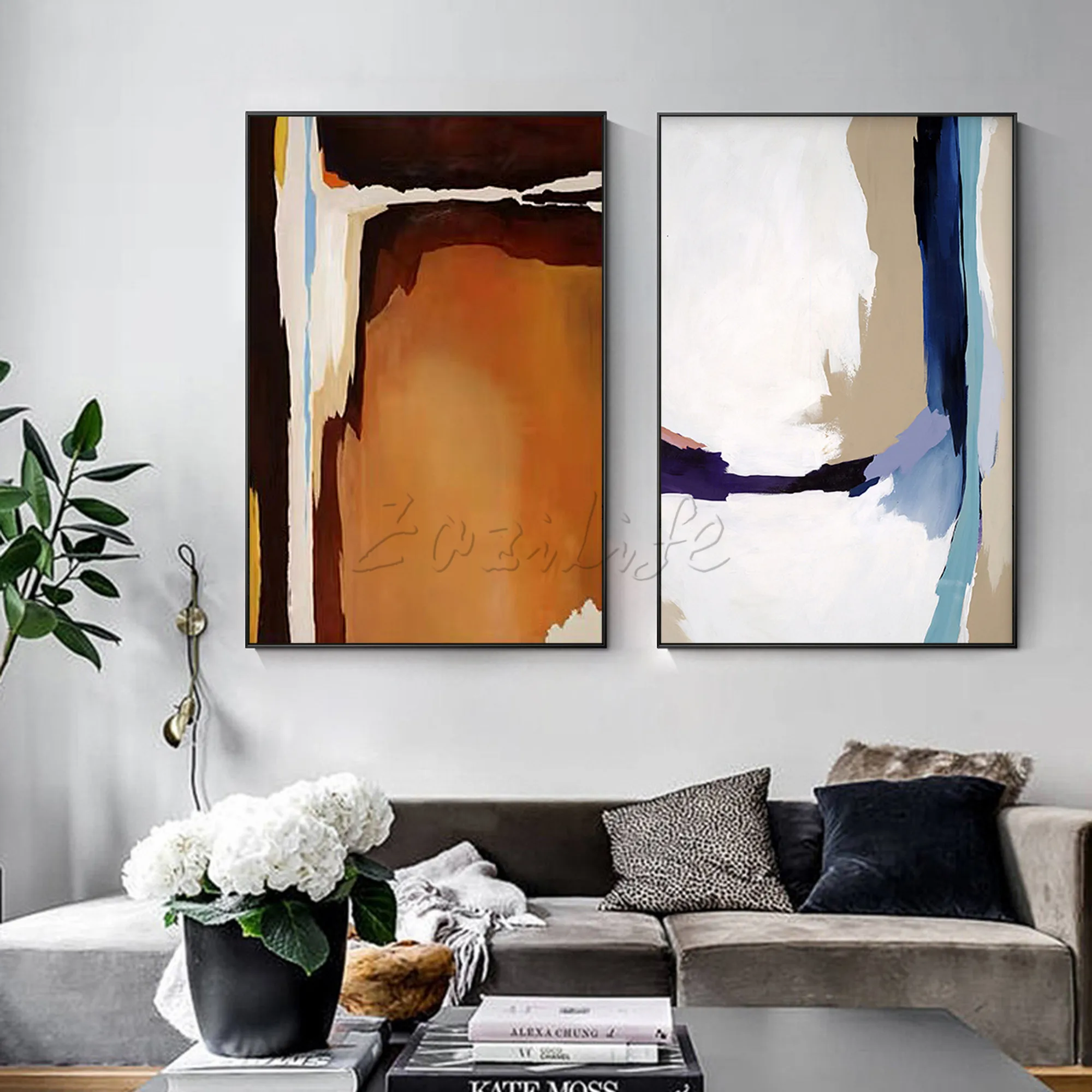 

Hand Painted Set of 2 Modern Abstract Brown wihte blue Canvas Large Acrylic Wall Art Pictures Poster Living room Home Decor