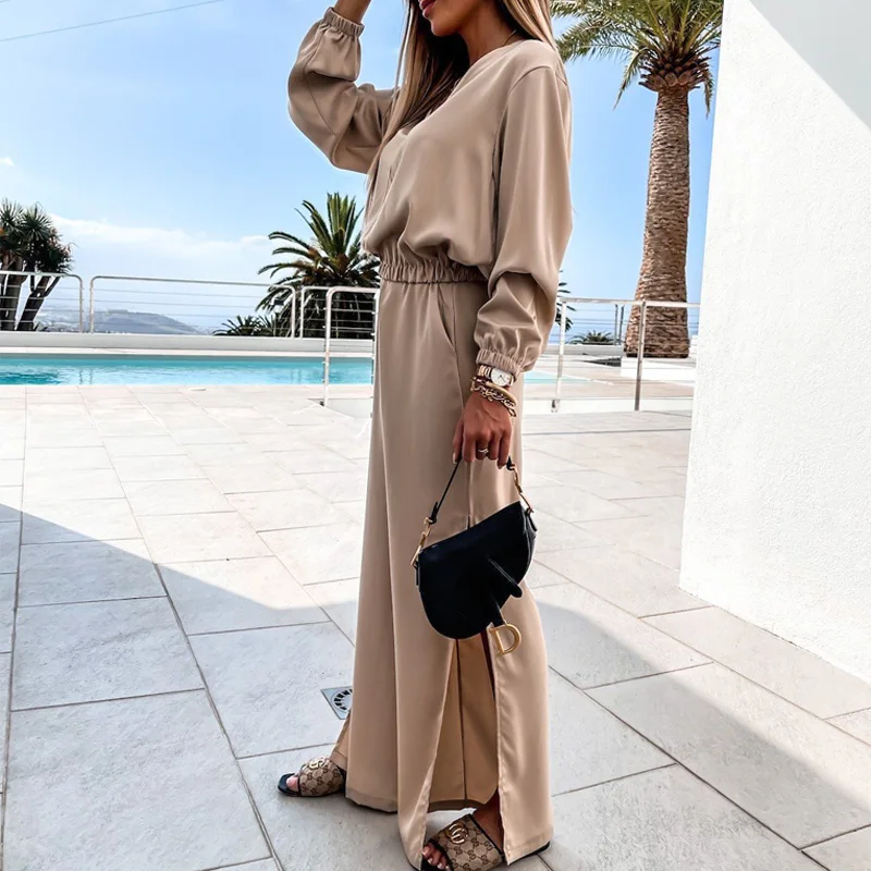 

Women 2021 Spring Summer Elegant Elegant Solid Two Piece Set Fashion Sexy V-Neck Shirt Tops And Split Wide Leg Pants Set Outfits