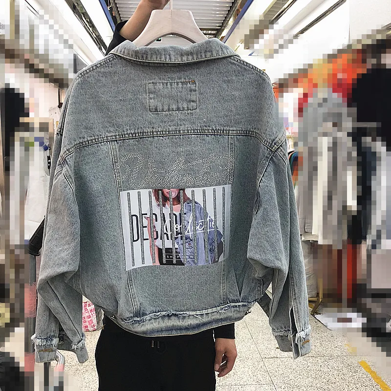 

Fashion Harajuku Jean Jacket Womans Diamonds Print Lobg Sleeve Denim Jackets 2021 Spirng Autumn Female Cowboy Coat Streetwear
