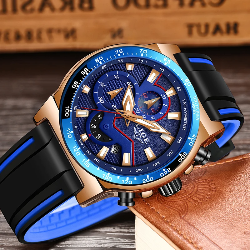 Модные часы мужские LIGE уникальный дизайн спортивные с силиконовым ремешком