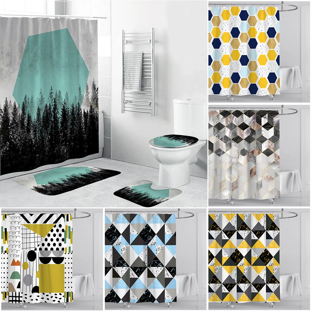 

Color Printed Geometric Pattern Shower Curtain Waterproof Bathroom Curtain Set with Hooks Home Decor Cortina De La Ducha