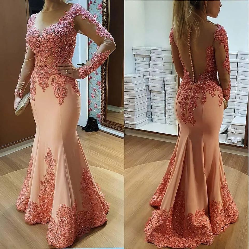 

Custom Trumpet Satin Evening Dresses Prom Party Gown Girls Pageant Formal Sexy Applique Mermaid Long Sleeve New Bateau Illusion