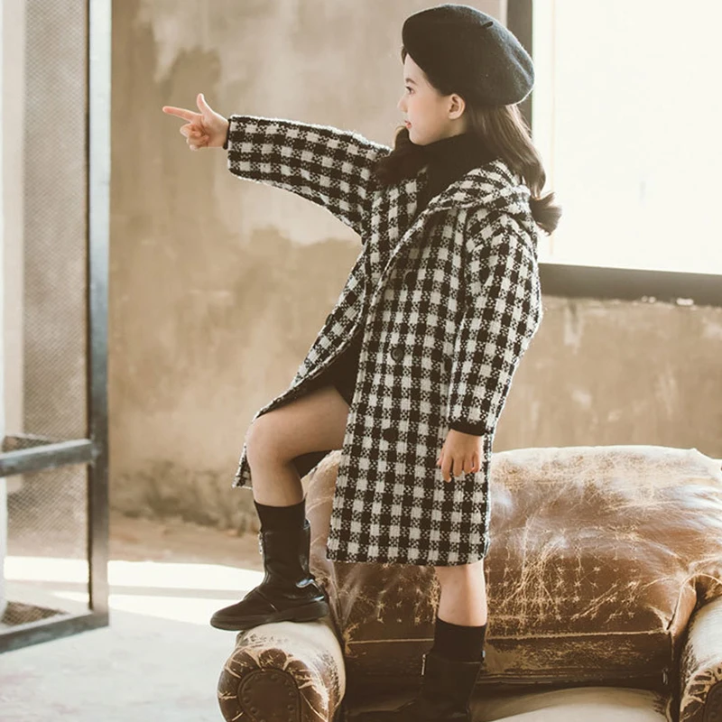 Детский плащ для девочек пальто малышей детская куртка Клетчатая Шерстяная