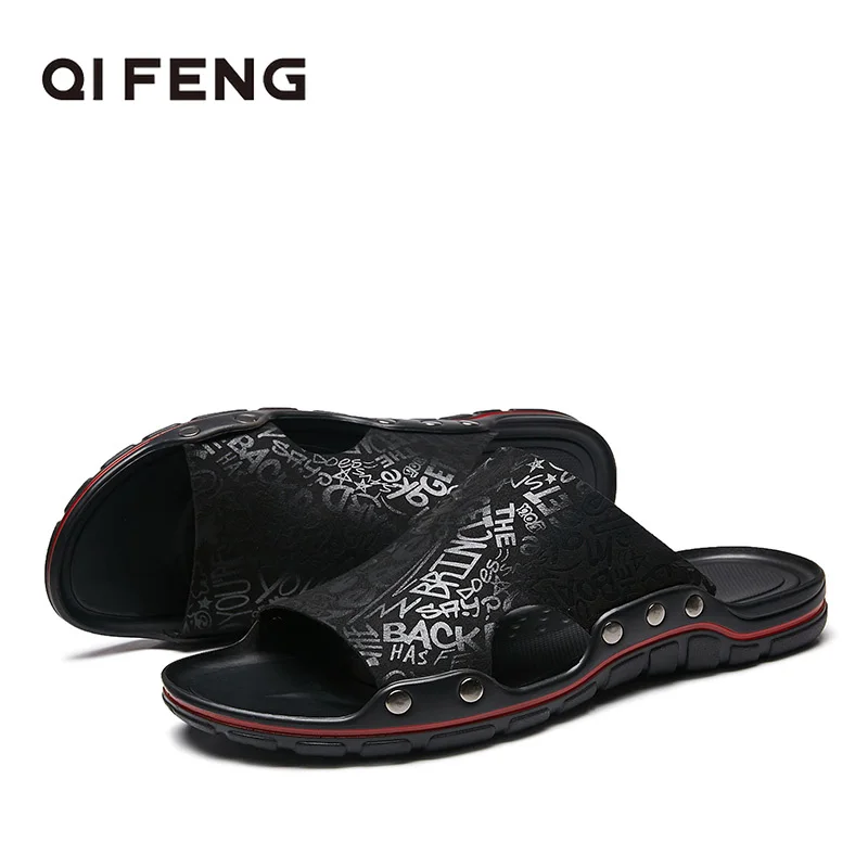 

2022 New Summer Men Beach Shoes Fashion Slippers Casual Outdoor Anti Slippery Red Flat Slides Sandals Leather Flip Flops Black