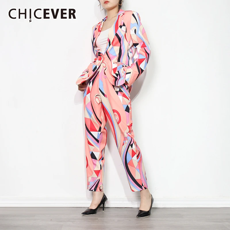 

CHICEVER Hit Color High Street Set For Women Notched Long Sleeve Blazer High Waist Casual Pants Female Print Sets New Fashion