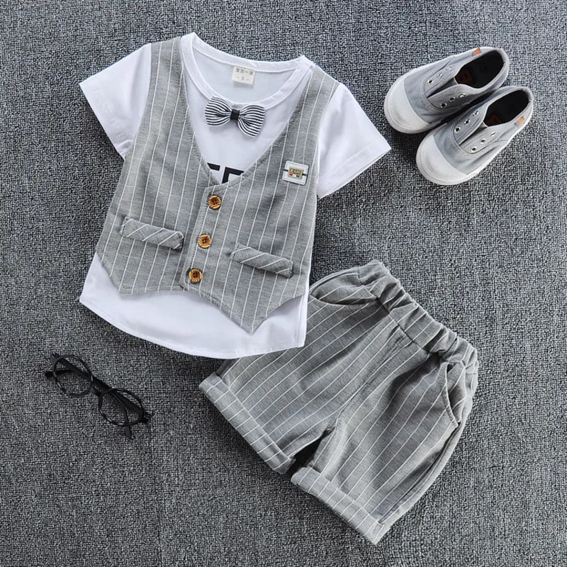New Summer Children Gentleman Clothes Baby Boys Cotton Tie T Shirt Shorts 2Pcs/Set Kid Infant Clothing Toddler Fashion Tracksuit | Детская