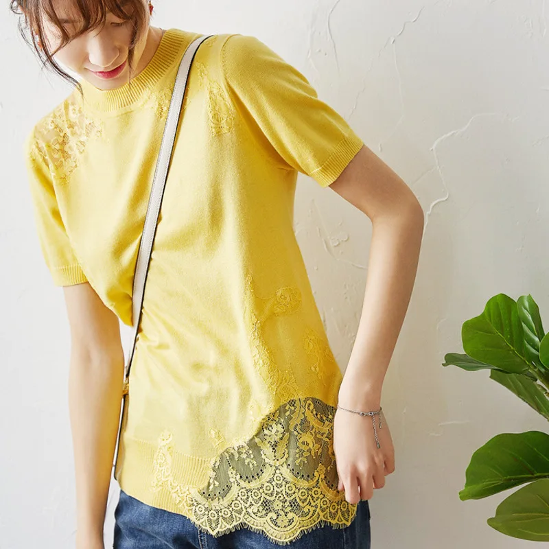 Женский трикотажный свитер с круглым вырезом хлопковая блузка коротким рукавом