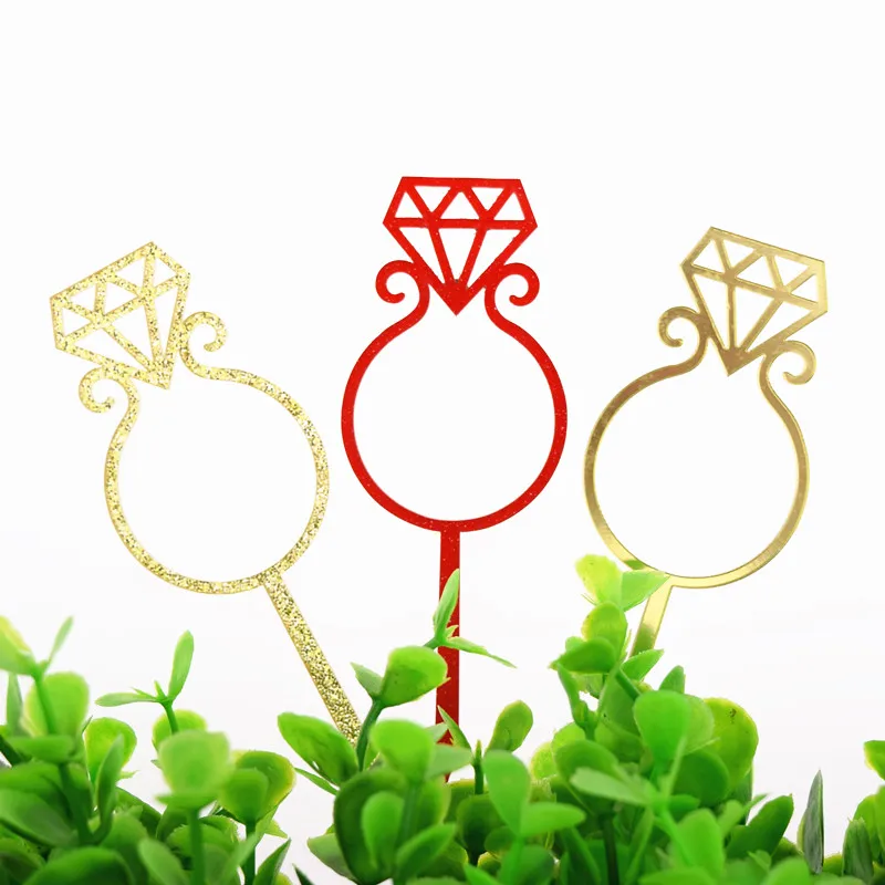 1pc Diamond Ring Bowtie Love Heart Cake Flag Topper Gold Red Acrylic Flags For Wedding Anniversary Party Baking Decor - купить по