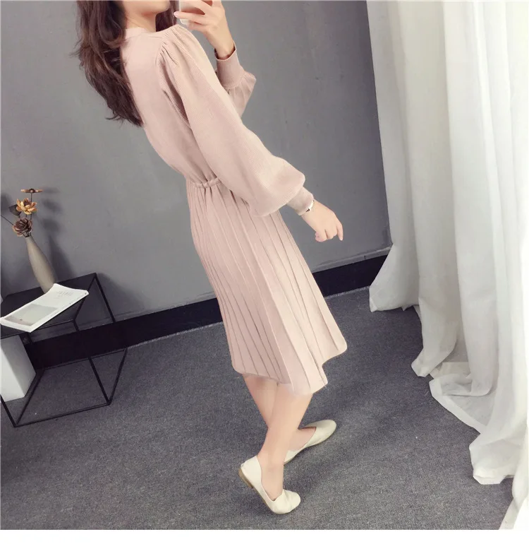 

Vintage A Line Pleated Sweater Dress Women 2018 Winter Sash Neck Lantern Sleeve Sweater Dress Female Elegant Knit Dress Vestidos
