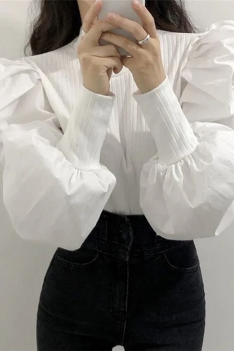 

ZCSMLL Korea Ins Spring Round Neck Female Blouses female Stitching Design Sense Closed Puff Sleeve Slim Shirt Top Women