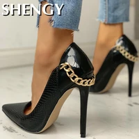 shy fashion leopard pointed toe metal chain thin heels snakeskin sexy party women shoes rome design thin heel female dress shoes