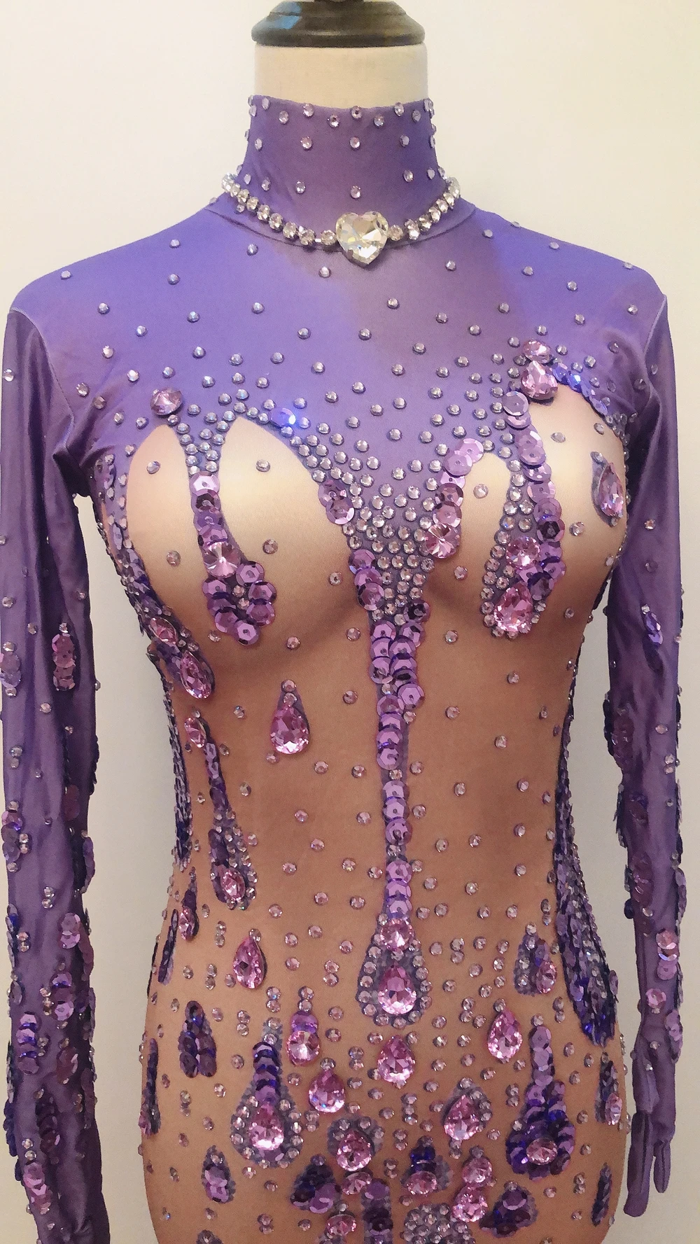 

New Sparkly Rhinestones Purple Long Dress Stage Preformance Costume Prom Birthday Celebrate Party Dresses