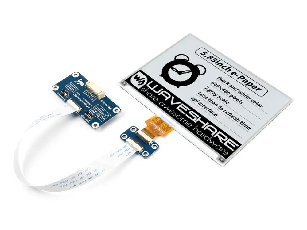 

Waveshare 5.83inch E-Paper E-Ink Display HAT For Raspberry Pi, 648×480 Pixels, Black / White Dual-Color, SPI Interface