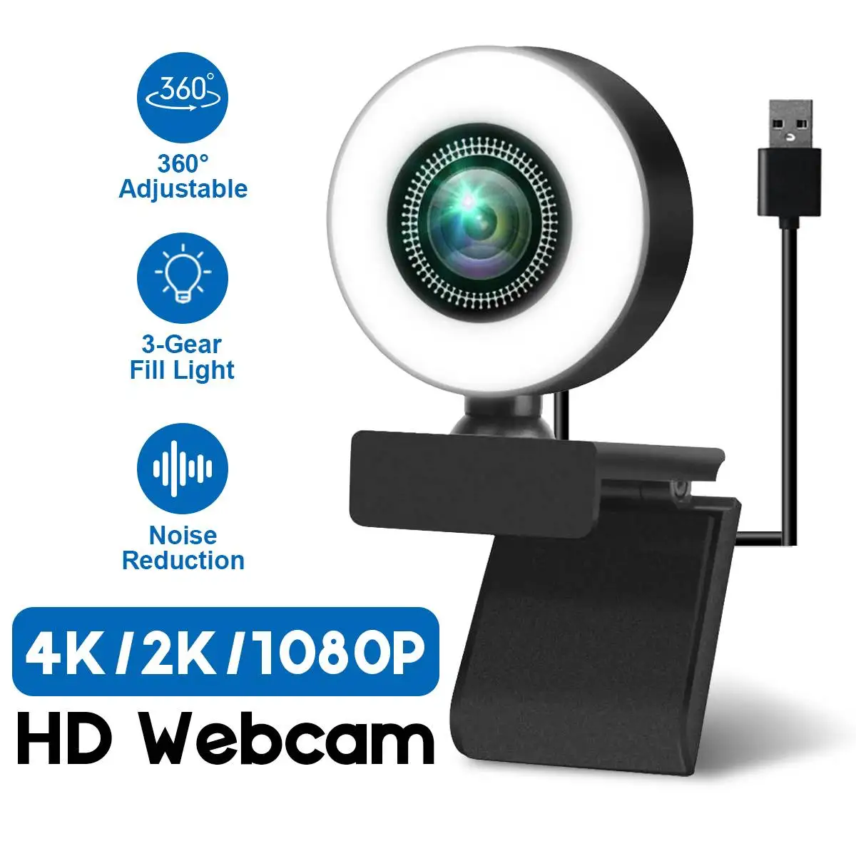 

1080P/2K/4K HD Webcam USB Computer Web Camera Built-in Noise Reduction Mic &LED Fill Light Cam For Live Broadcast Video Calling