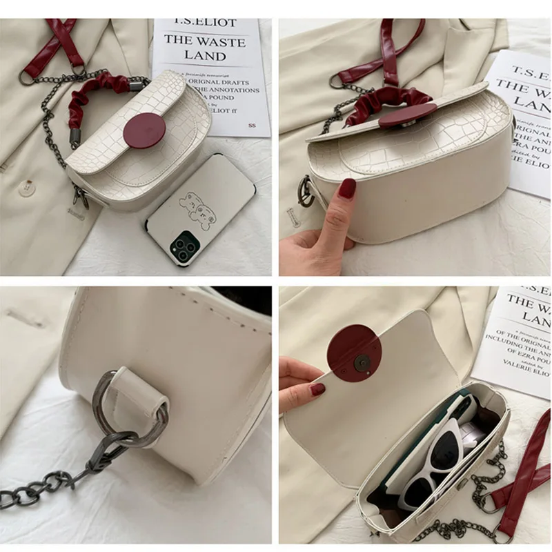 

New Women's Chain Crossbody Bag Designer Luxury Handbag Stone Pattern Female Shoulder Messenger Bags Retro Flip Saddle Tote Bag