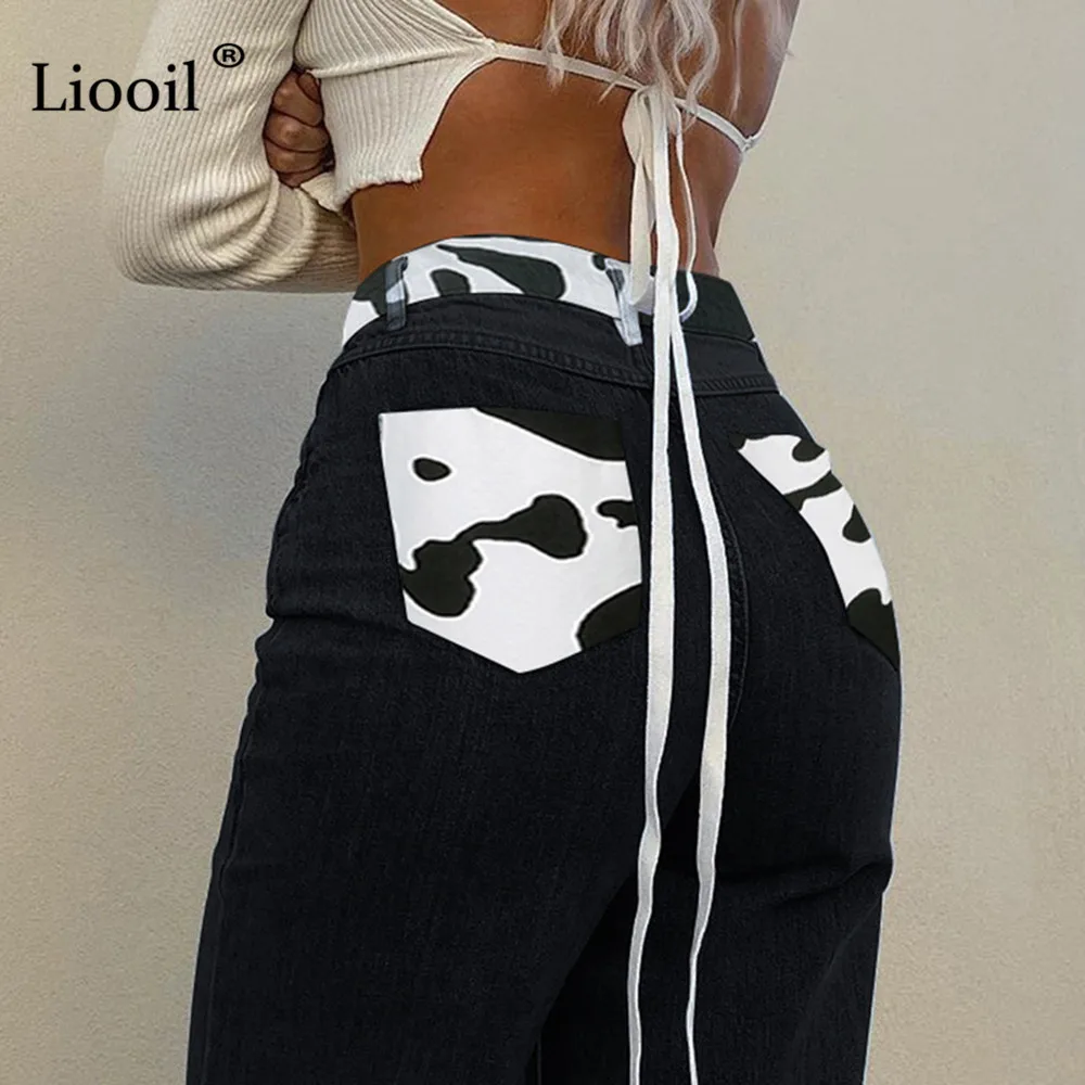 

Liooil Patchwork Print Denim Trousers Woman 2021 Color Block Straight Leg High Waisted With Zipper Laides Black Blue Jean Pants