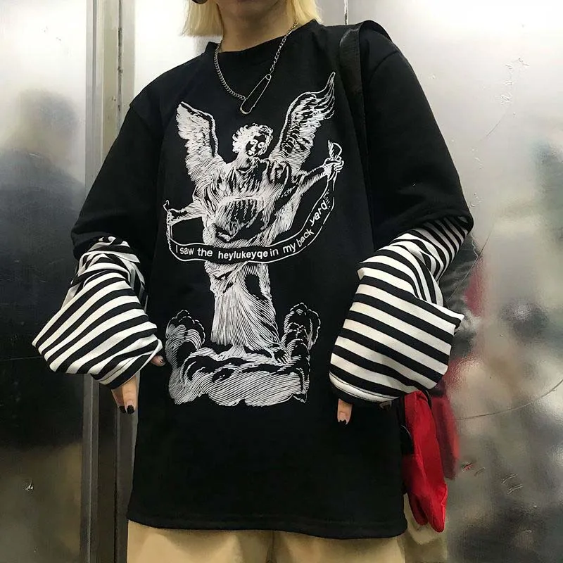 NiceMix Harajuku футболка женская поддельная 2 шт. принт японский Fujiang Ужасы комиксы длинный рукав рубашка Женская Vetement Femme