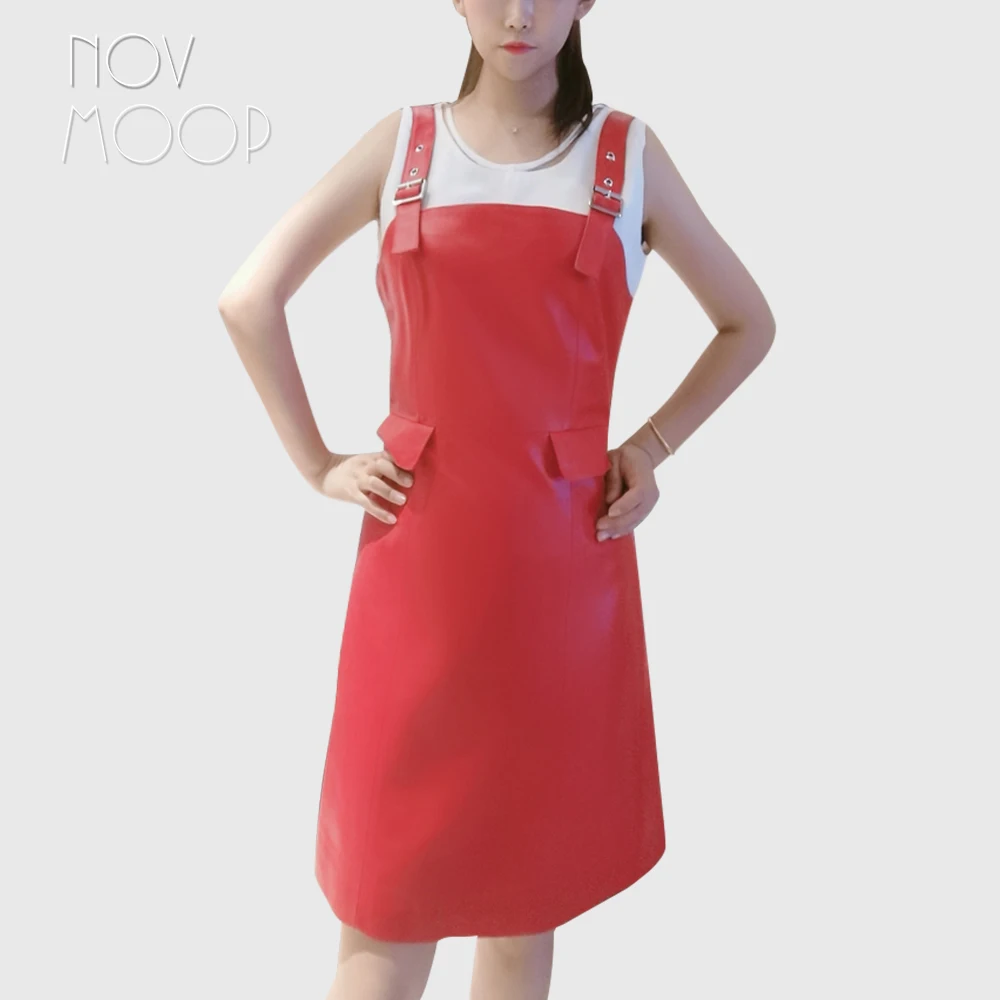 

Novmoop sweet lady genuine leather sheepskin women belt dress Robe à bretelles en cuir pour femme LT3255