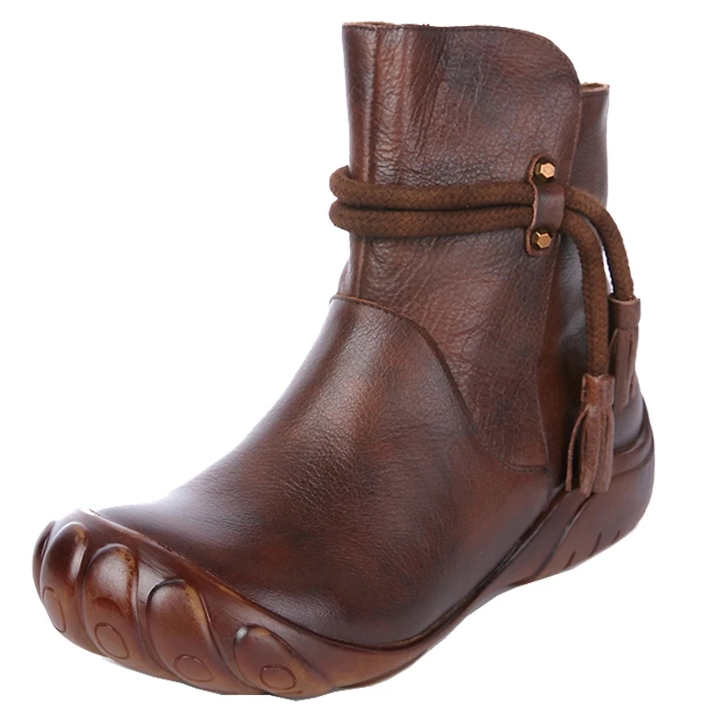 

Autumn Winter Retro Tassel Handmade Ankle Boots Matin Flat Leather Ethnic New Women Shoes Cowboy Boots Black Brown Gothic Boots