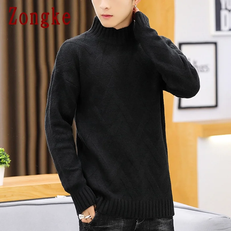 

Zongke Mock Neck Knit Sweater Men Clothing 2021 Fashion Harajuku Sweaters Pullover Mens Sweater For Men Korean Clothes M-3XL