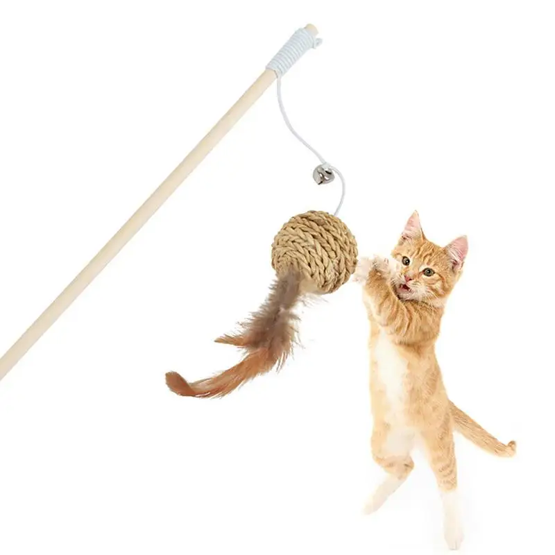 

Cat Teaser Toy Wood Rod Ball With Feather Fake Feather Interactive Toy Kitten Toy For Cat Rod Cat Wand Toys