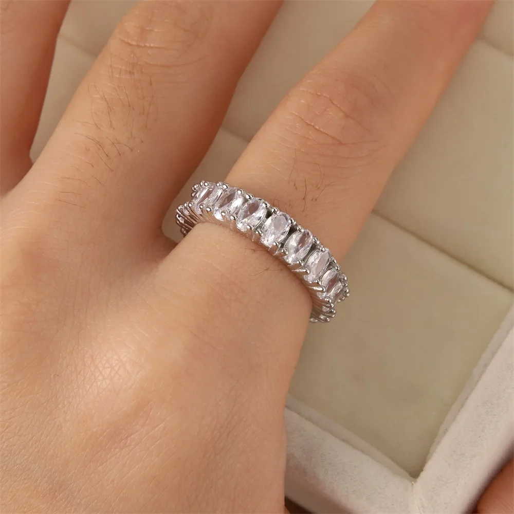 

S925 Silver Korean Fashion Style New Oval Row Diamond Ring Female Egg-Shaped Hand Inlaid Row Diamond Ring Romantic Jewelry Gift