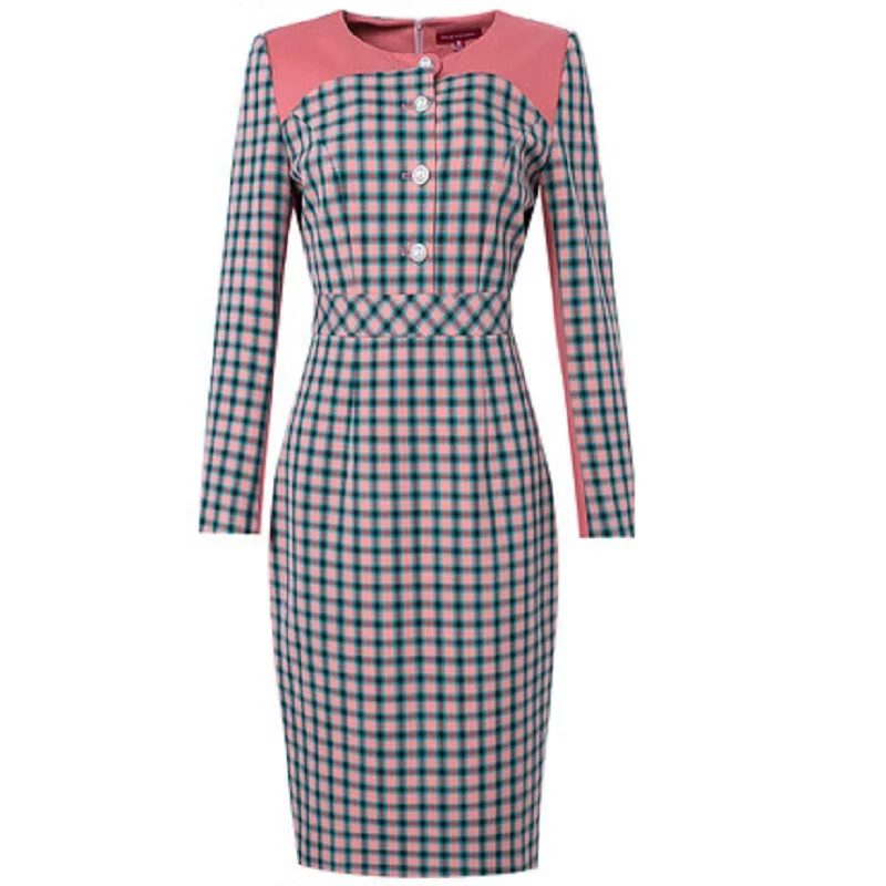 

slim New Office lady Solid 2021 plaid dress women's O-neck print stitching split professional patchwork Winter autumn skirt plus