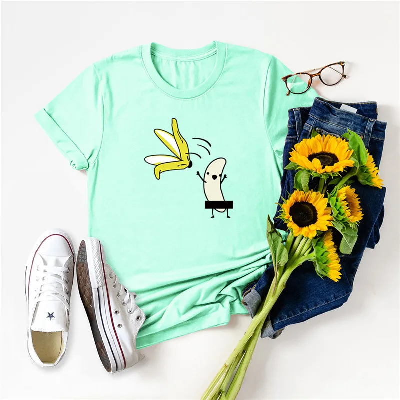

S-5XL Plus Size Women Clothing Funny Banana Print Top 100%Cotton Oversized T Shirt O-Neck Short Sleeve Tees Summer Woman Tshirts