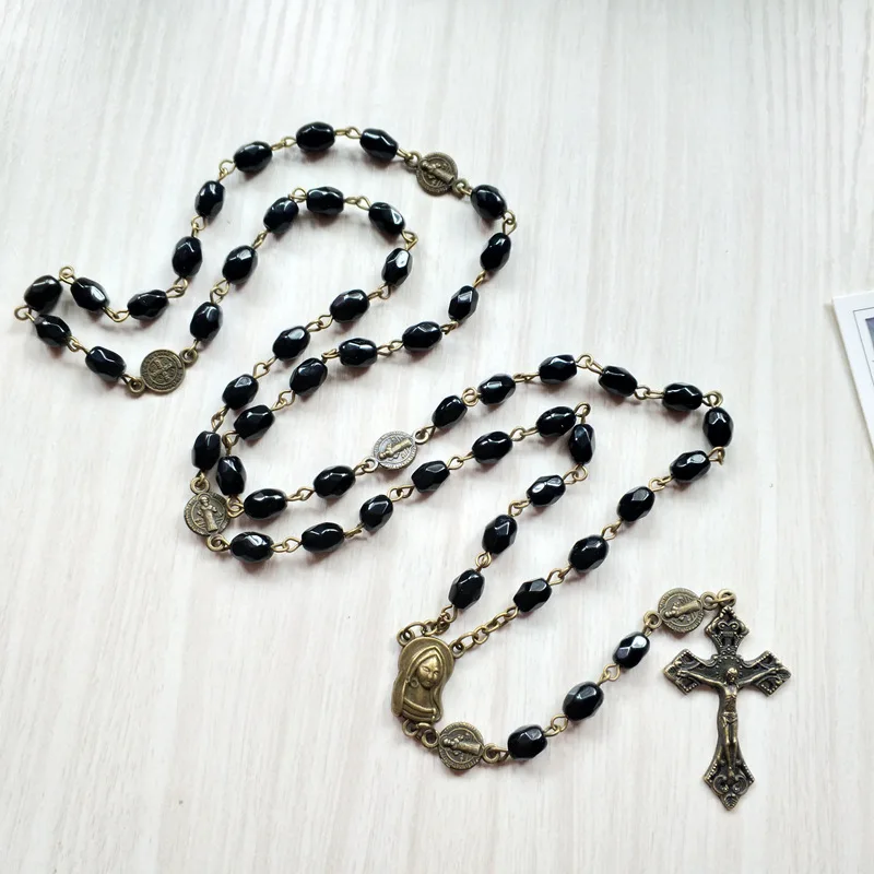 

QIGO Black Crystal Vintage Cross Pendant Rosary Necklace Long Religious Pray Jewelry