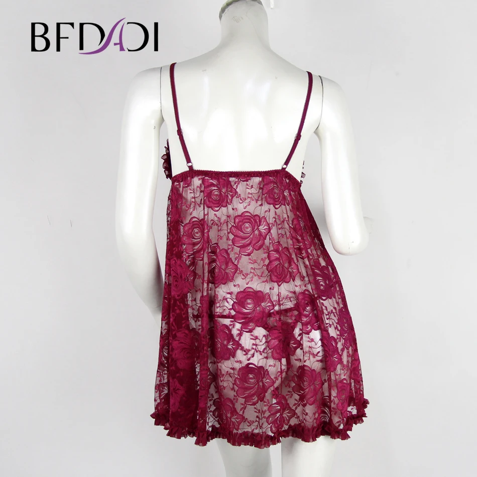 Women Sexy Lingerie Front Open Sleepwear Sets Europe and America style sexy Flowers lace perspective dress + T pants 0922 | Женская