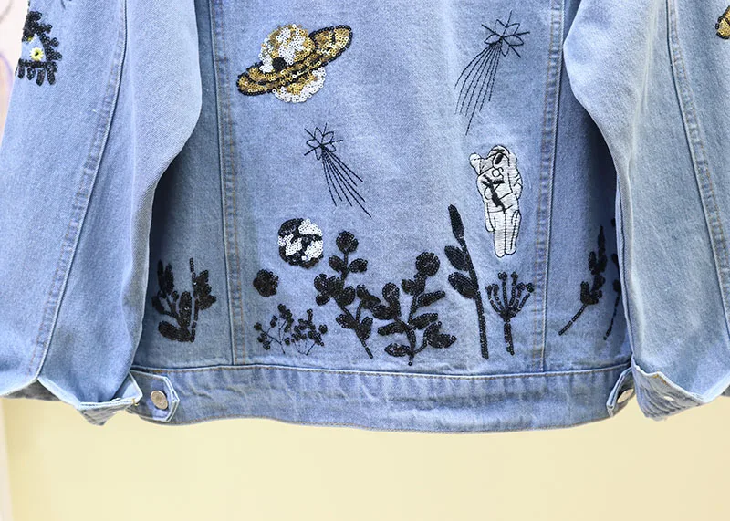 

women fashion light jeans blue heavy work sequin embroidery floral long-sleeved denim jacket