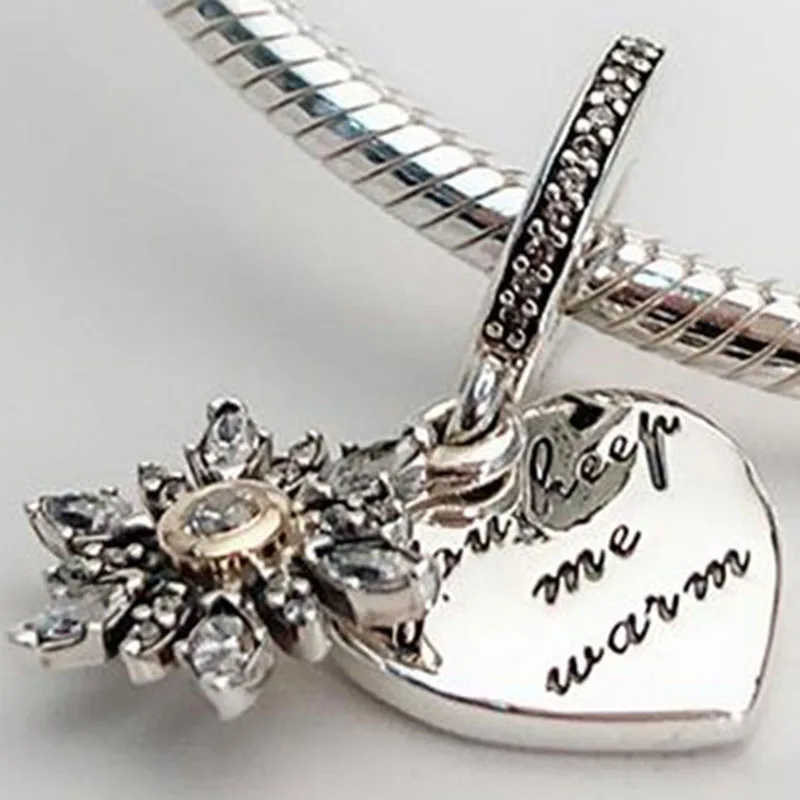 

100% 925 Sterling Silver Charm New Snowflake And Heart Pendant Fit Pandora Women Bracelet & Necklace Diy Jewelry