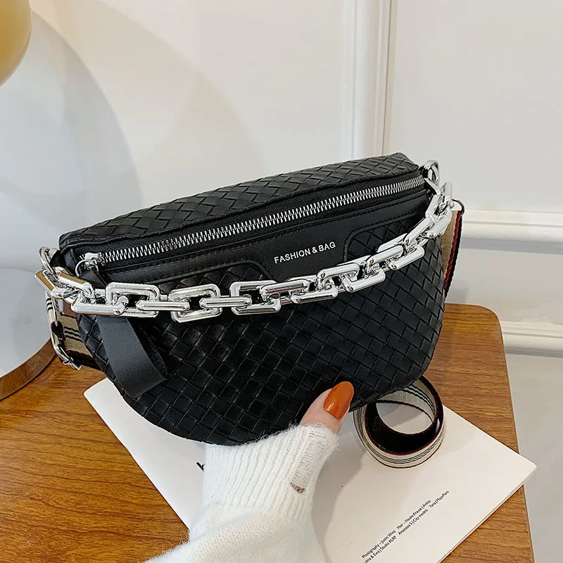 

Thick Chain Women's Fanny Pack Plaid Leather Waist Bag Luxury Shoulder Bag Crossbody Chest Bag Designer Handbags Female Belt Bag