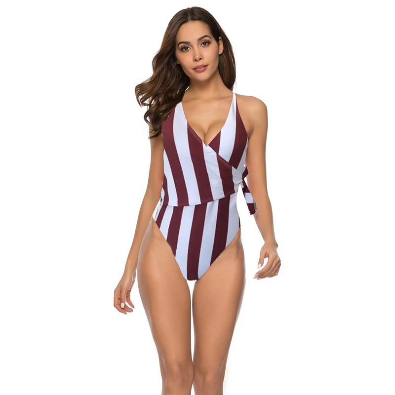Полосатый слитный купальник 2020 женский сексуальный летний монокини с открытой