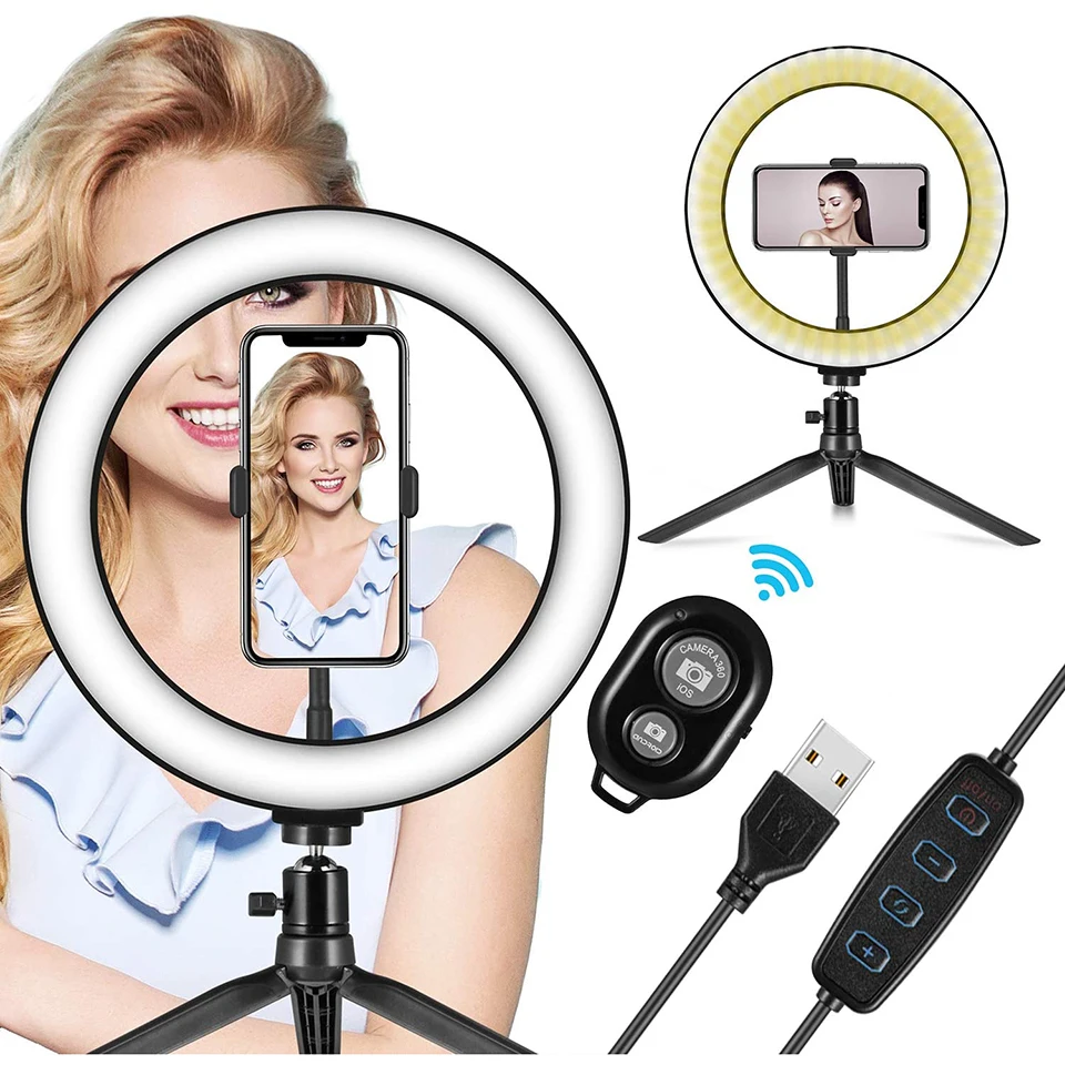 

10" Fill Ring Lamp Light Photography Ringlight LED Dimmable Tripod Stand Phone Holder Selfie Makeup Live Vlog Streaming YouTube