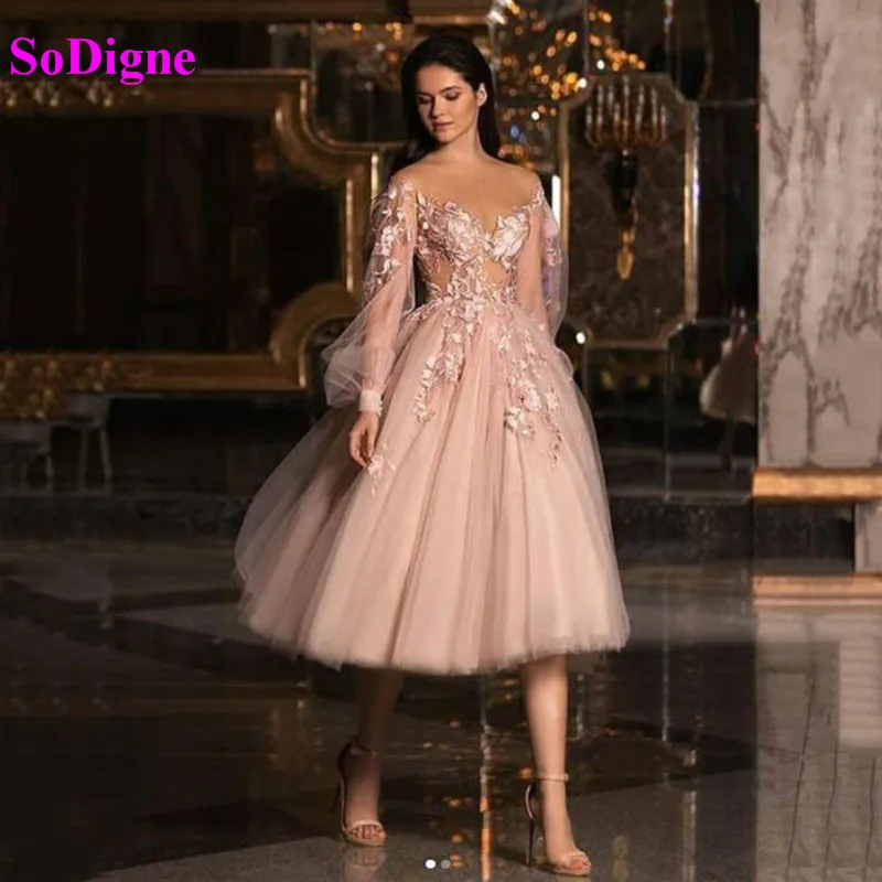 

SoDigne Tulle A Line Evening Dress Long Sleeves Lace Appliques Tea Length Wedding Party Dress Graduation Prom Dress