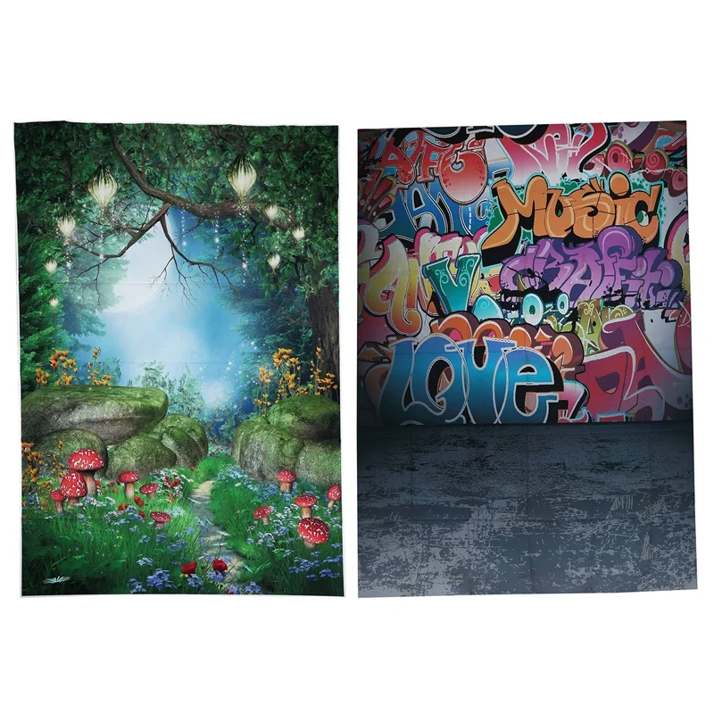 

2 Pcs 5X7Ft Vinyl Studio Backdrop Photography Prop Photo Background, Fantasy Forest & Art Graffiti