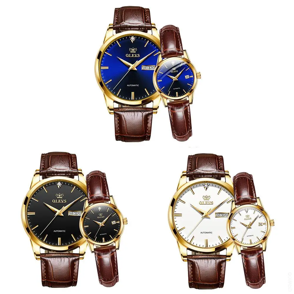 OLEVS Couple Automatic Watch for Men Women Pair Matching His & Hers Mechanical Watches Wristwatch Date Valentine's Gifts Set
