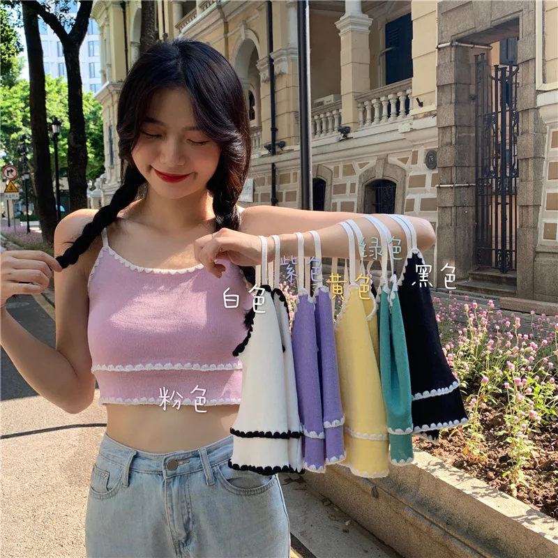 

2021 summer new girly sense sweet lace inner and outer wear female knitted top women's clothing Sleeveless Tops Lady Camisole