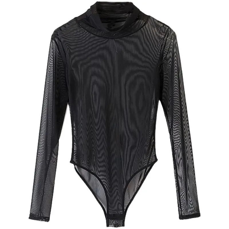 

Sexy Mesh T-shirt Long-sleeved Half-high Collar Tightone-piece Perspective T-shirt Net Yarn Perspective Jumpsuit Party Clubwear