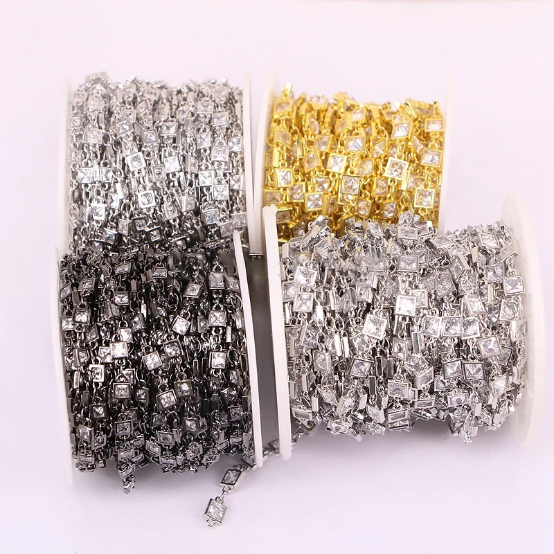 3 Meters ZYZ177-8966 Clear White Zircon Faceted Square Beads Chains, Rosary Chain CZ Wire Wrapped Plated Chain Jewelry