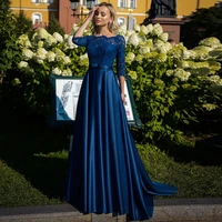 elegant royal blue lace mother of the bride dress scoop neck three quarter sleeves bow belt satin a line mother gowns