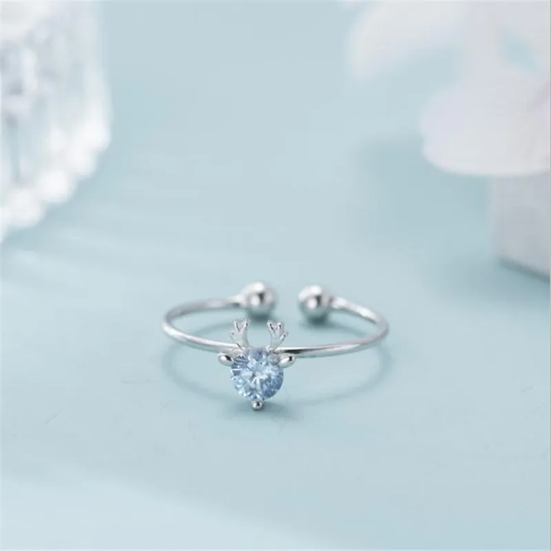 

POFUNUO 100% 925 Sterling Silver Rings With Blue Zircon Inlay Antler Design Adjustable Opening Rings Stylish Luxury Finger Rings