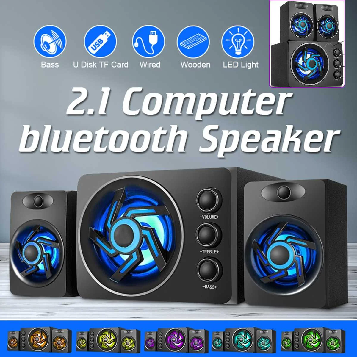 3 шт. набор многоцветный светодиодный деревянный сабвуфер USB Bluetooth динамик для настольного ноутбука ПК MP3 MP4 сотовый телефон черный