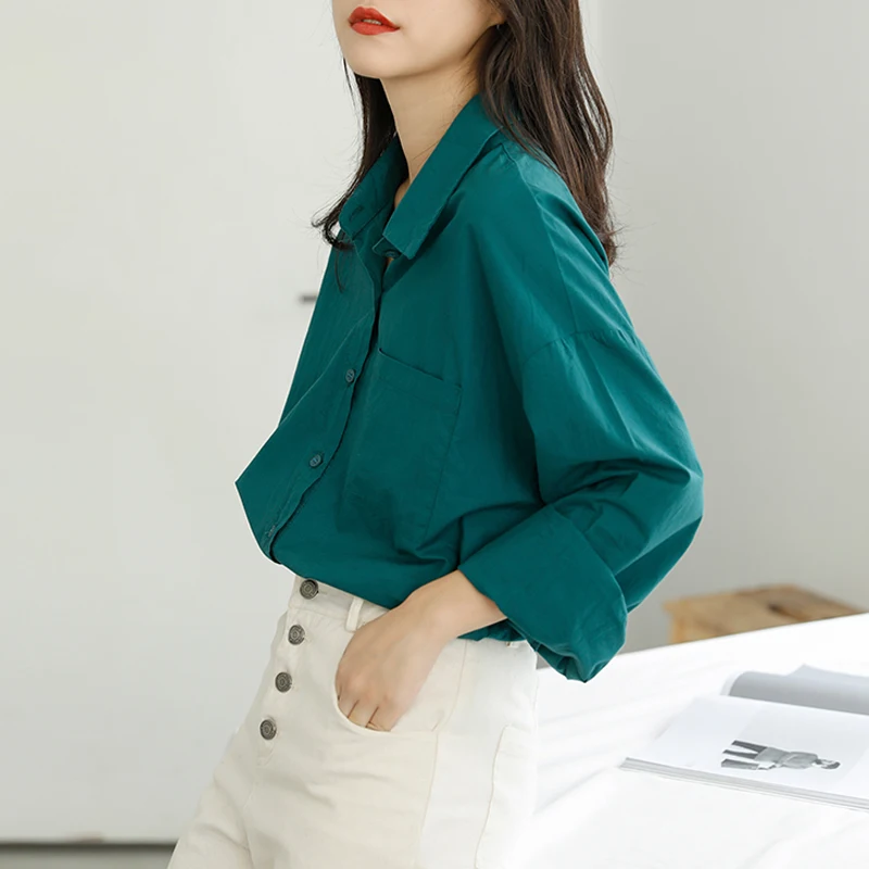 BGTEEVER Осень-зима женские свободные рубашки отложной воротник полный рукав карман