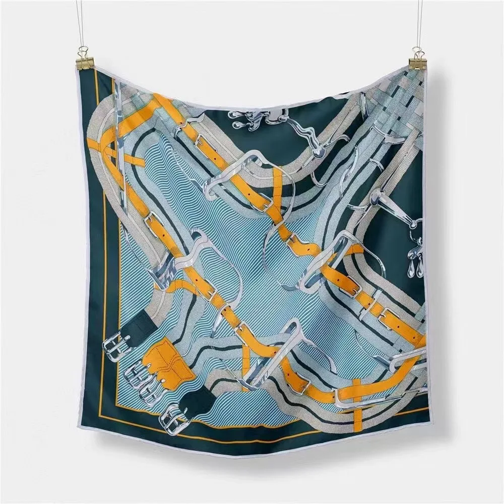 

53X53CM Twill Silk Women Hand Rolled Square Scarves Melt Chain Print Small Shawls Wraps Female Fashion Bandana Hijab Accessories